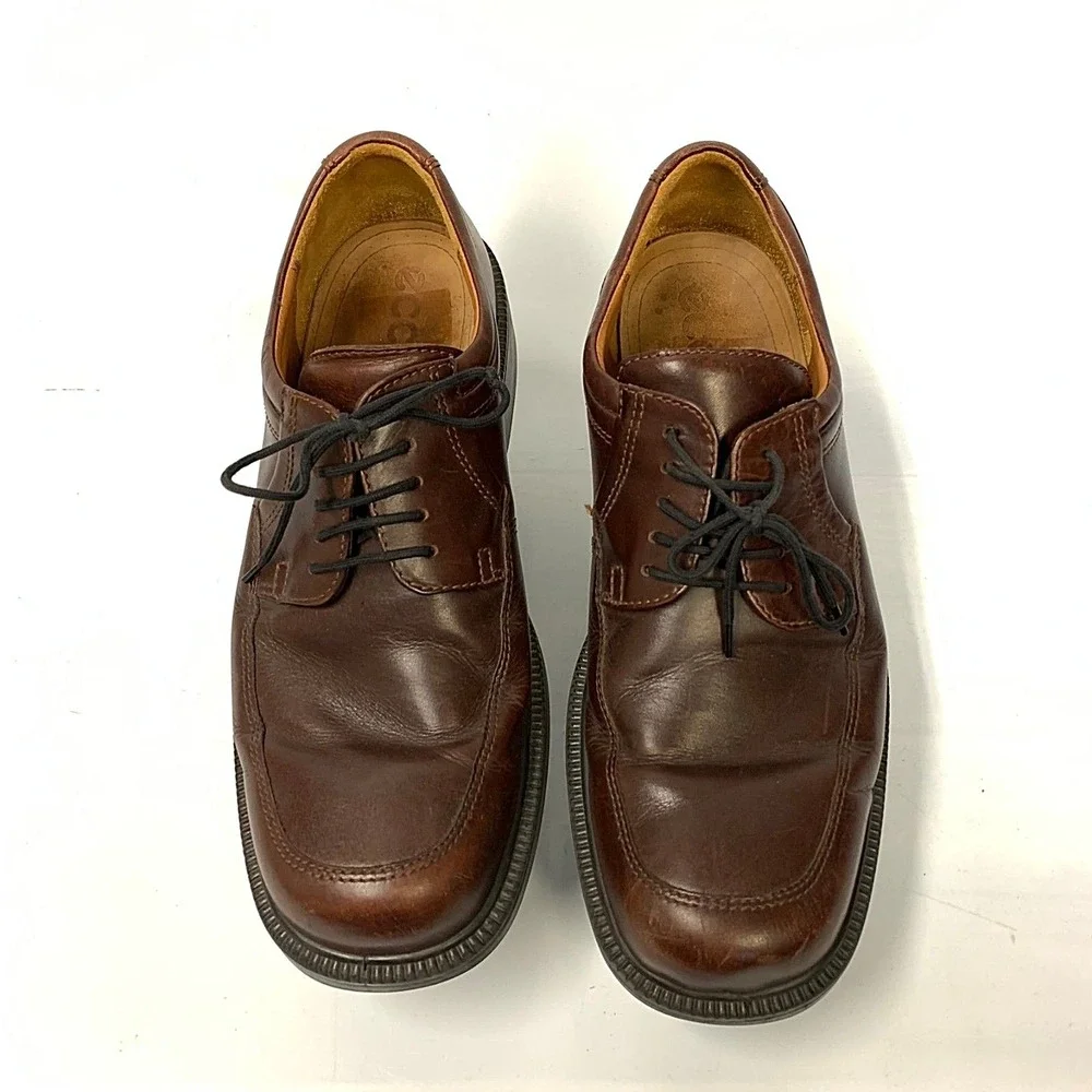 ECCO Mens Brown Leather Square Toe Lace Up Derby Shoes Shock Point‎ Size 44